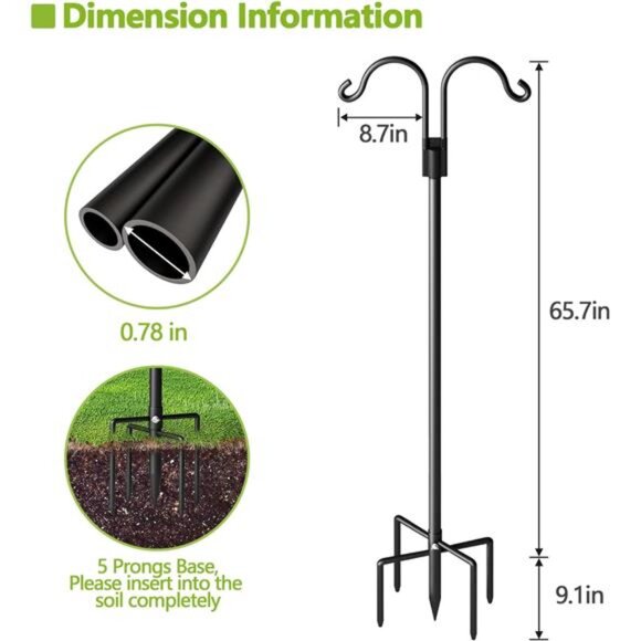 Double Shepherds Hooks for Outdoor, Heavy Duty Bird Feeder Pole with 5 Prong - Picture 3 of 8